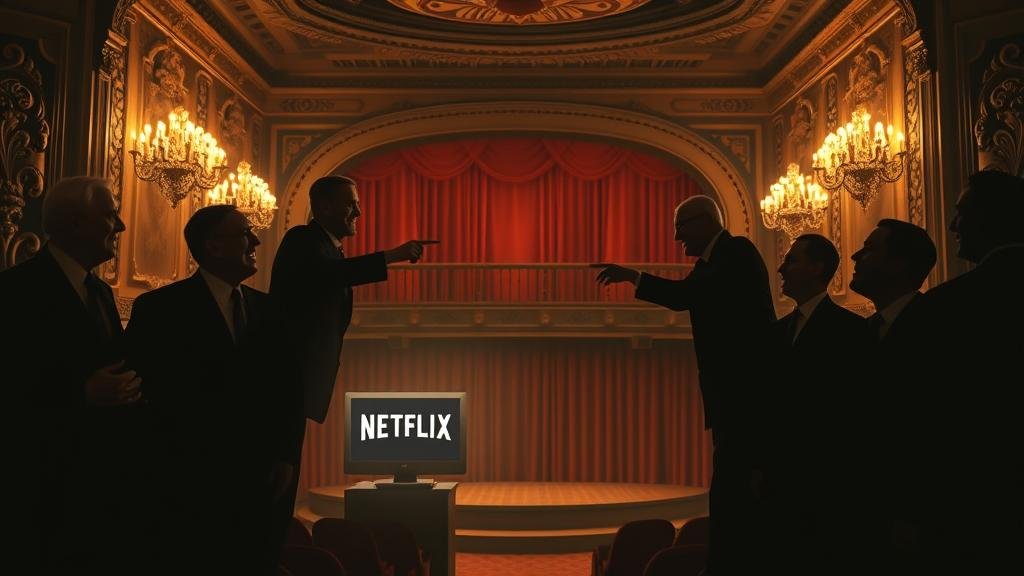 A single red Netflix DVD envelope standing like a monolith in a desert, its shadow transforming into a river of binary code flowing towards a city.