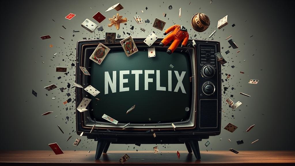 An old television set exploding, with iconic characters and symbols from Netflix shows like the Demogorgon and an orange jumpsuit flying out.