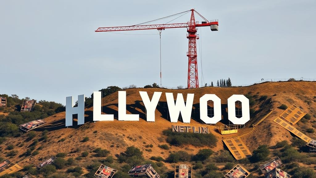 The Hollywood sign being altered by a giant Netflix logo crane, which is replacing the 'H' with a red 'N'.