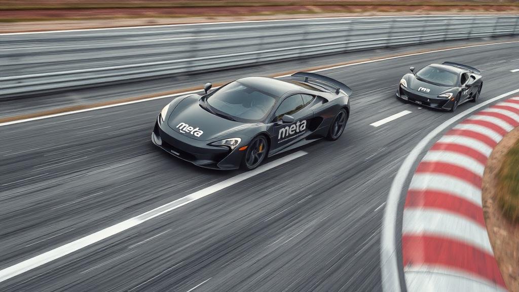 A metaphorical image of a race track. A sleek, powerful car with the Meta logo is speeding past other, broken-down vehicles labeled 'Humane' and 'Rabbit.' This represents Meta's advantaged position and aggressive move in the wearable AI market.