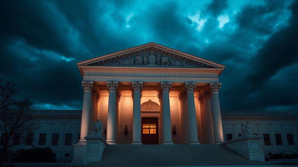 A dramatic image of the Supreme Court building, symbolizing the monumental legal showdown over birthright citizenship.