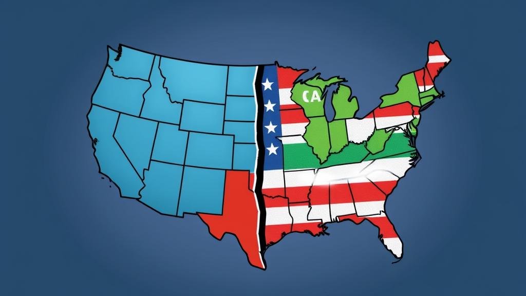 An illustration of a split America, one side representing a welcoming nation and the other a more closed-off country, to symbolize the high-stakes debate over what it means to be an American.