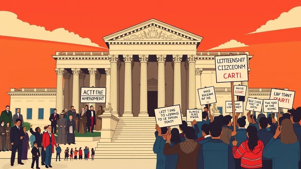 A stylized illustration of the Supreme Court building, split down the middle, contrasting the 19th-century drafting of the 14th Amendment with modern-day immigration protests.