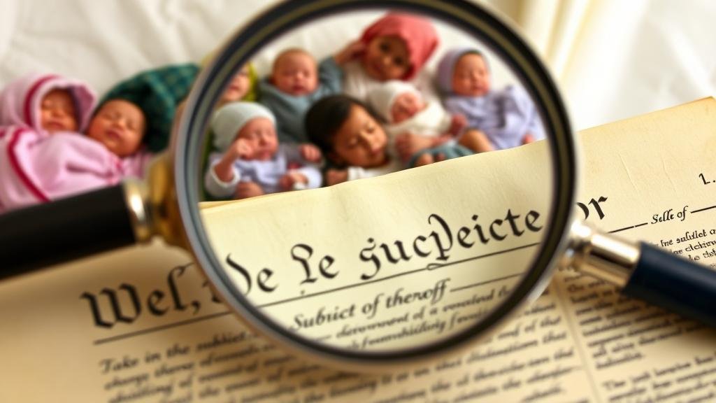 A magnifying glass focusing on the text 'subject to the jurisdiction thereof' on the Constitution, with reflections of diverse newborn babies and families.
