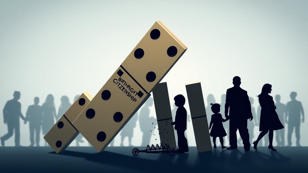 A large domino labeled 'Birthright Citizenship' falling and starting a chain reaction that topples dominoes representing family unity, economic stability, and social structure.