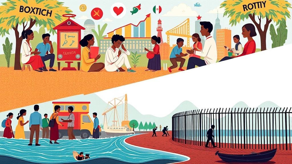 A split-panel image contrasting a vibrant, diverse community with symbols of economic growth against a tense scene suggesting 'birth tourism' and strained borders.