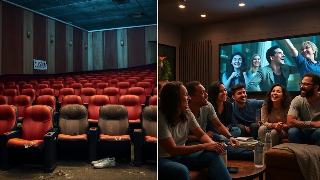 Split image showing an abandoned movie theater versus a modern living room with people watching a show on a large screen.