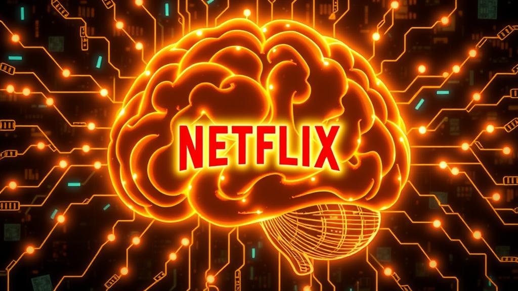 Illustration of a brain made of data streams and film strips with a glowing Netflix logo, representing its powerful algorithm.