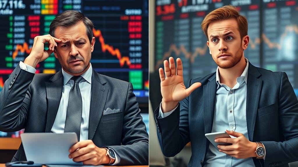 A split-screen image. On one side, a stressed-out stock trader in a suit watches a downward chart. On the other side, a casually dressed crypto trader also watches a downward chart with a similar expression of panic, illustrating the synchronized movements of both markets.