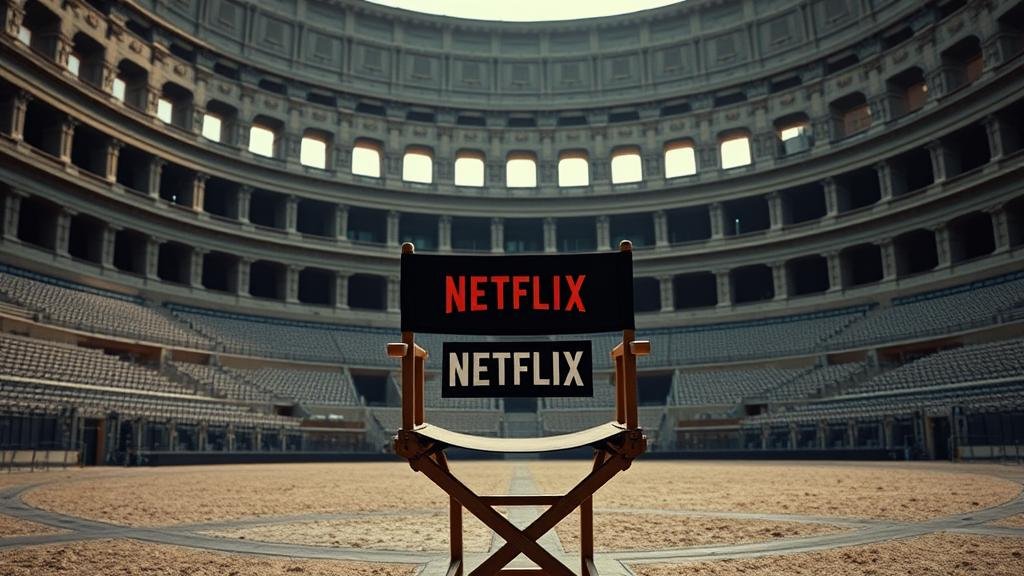 A director's chair with the Netflix logo in an empty coliseum, representing its move into original content.