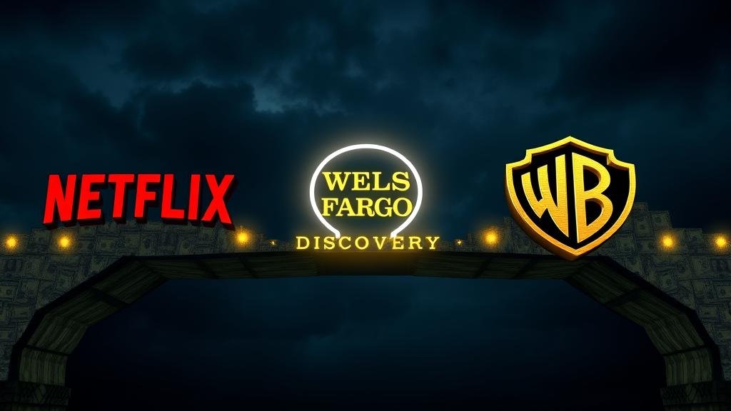 A stylized image of a massive, glowing bridge made of currency connecting the logos of Netflix and Warner Bros. Discovery, with the Wells Fargo logo shining brightly at the center.