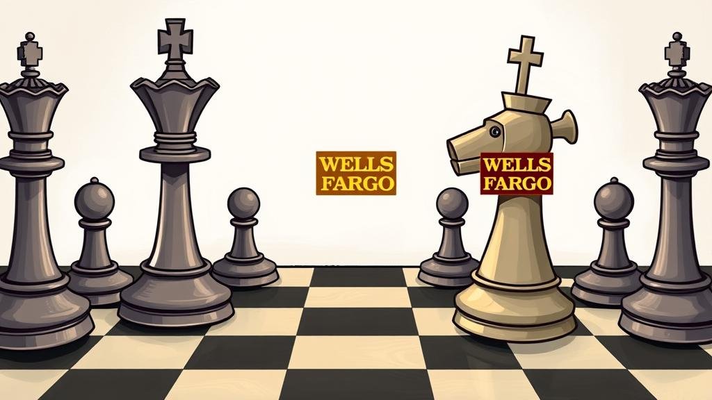An illustration of a chess board representing Wall Street, where a powerful Wells Fargo rook piece confidently challenges the established king and queen pieces of J.P. Morgan and Goldman Sachs.