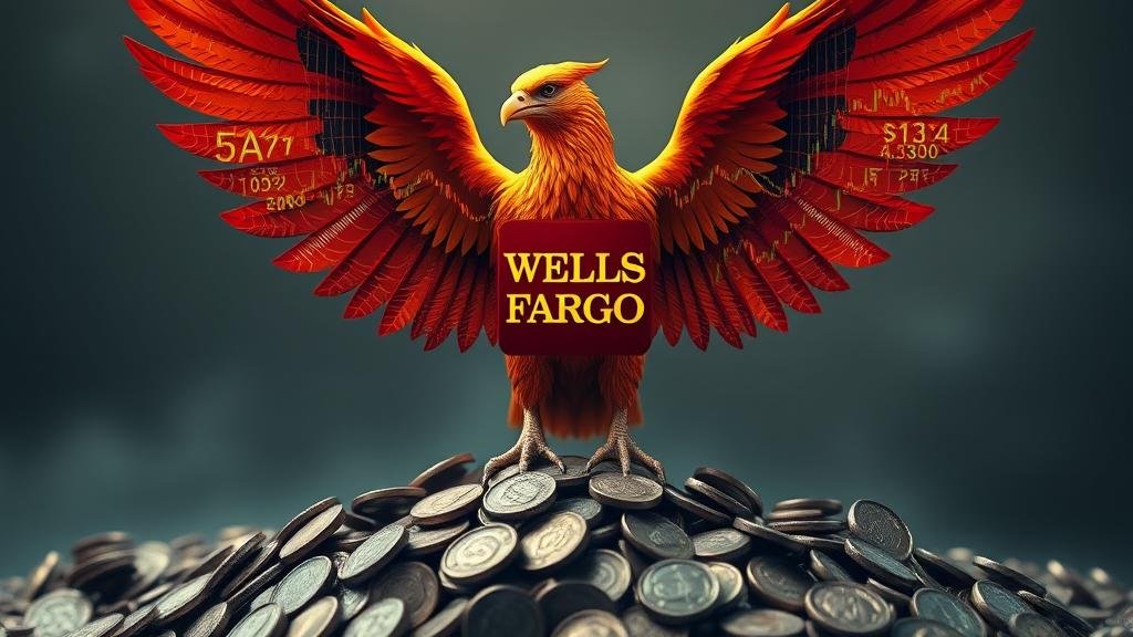 An image of a powerful phoenix with wings of stock charts and financial data, rising from old coins, symbolizing Wells Fargo's resurgence in investment banking.