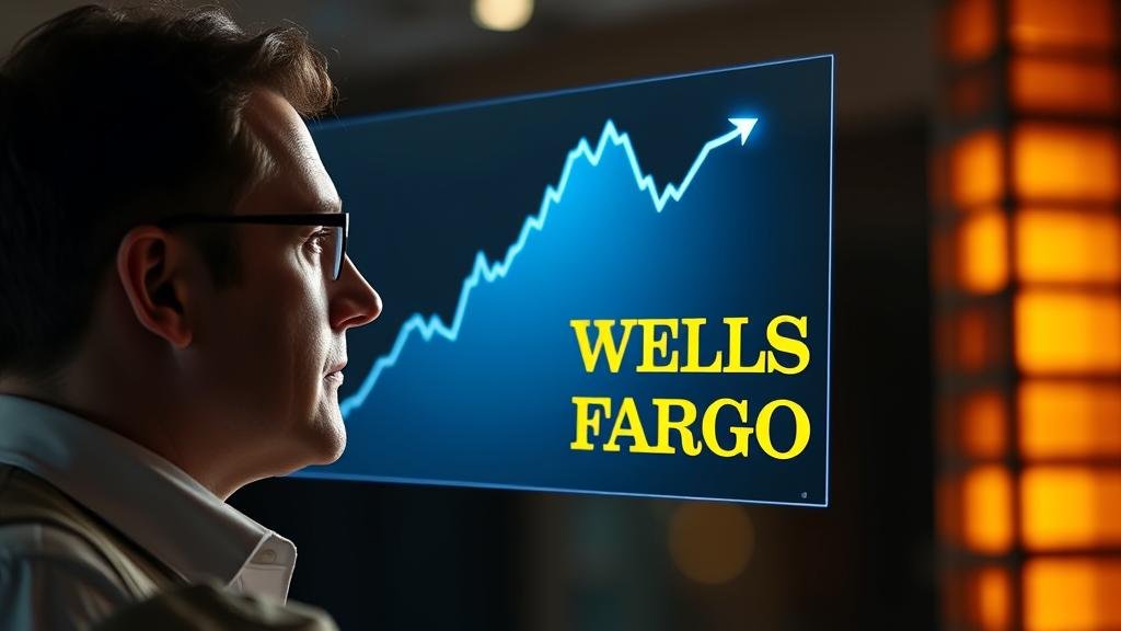 An investor looking at a holographic bull market chart that peaks and morphs into the Wells Fargo logo, symbolizing a strong buy signal and future market leadership.