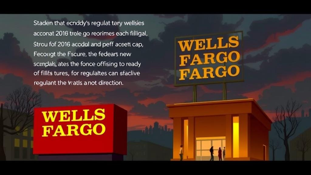 A depiction of Wells Fargo's past struggles, referencing the 2016 account fraud scandal and the subsequent asset cap imposed by the Federal Reserve, setting a scene of regulatory oversight and the need for a new direction.