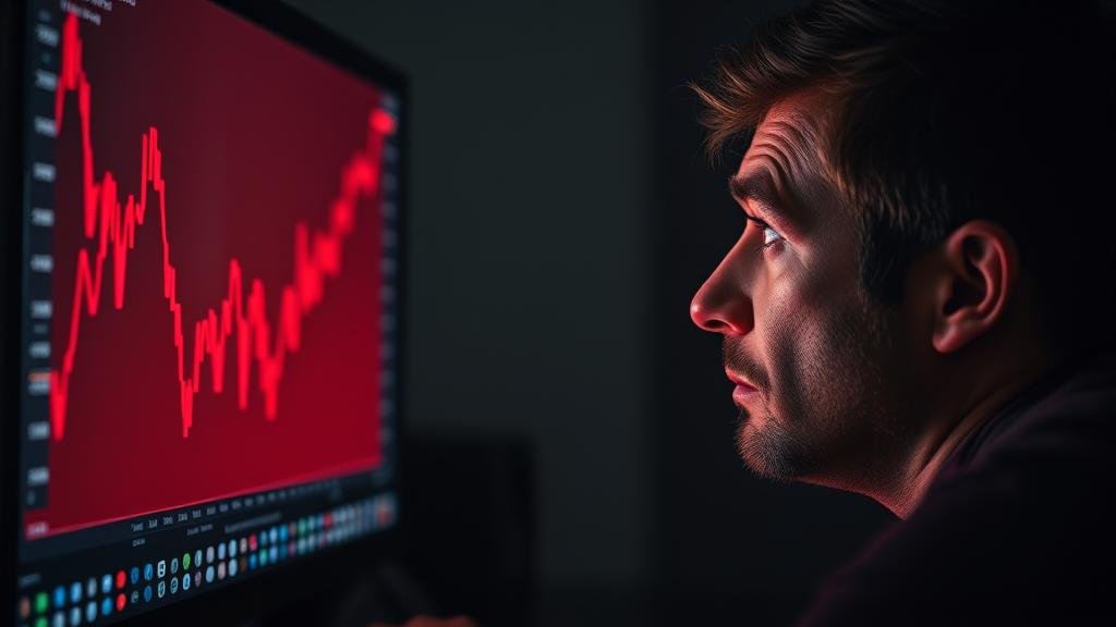 A nervous investor looking at a plunging red stock market chart on a screen, with the screen's light illuminating their worried face in a dark room.