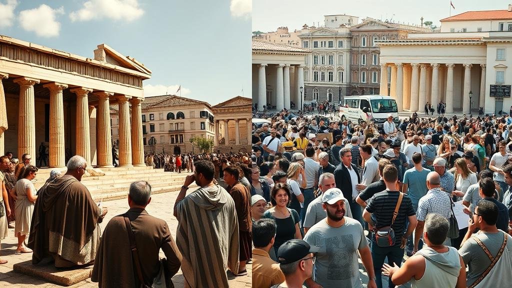 A side-by-side comparison of ancient Athenians debating in the agora and modern Greeks passionately discussing politics in a bustling city square, illustrating the continuity of the democratic spirit.