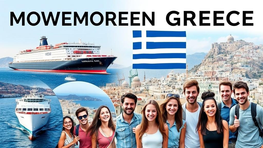 A vibrant collage showcasing modern Greece's achievements: a massive shipping fleet, a thriving tourism scene with happy visitors, and a group of innovative young Greeks, representing a dynamic and resilient nation.