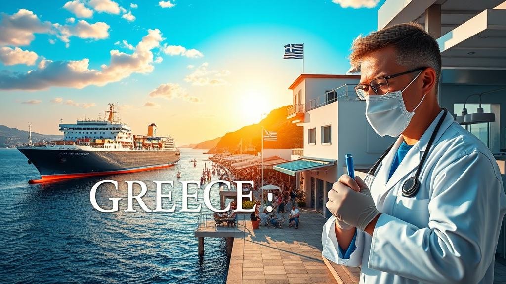 A vibrant and dynamic image celebrating modern Greece's contributions to the world. Feature a massive, modern shipping vessel on the Aegean Sea, a bustling, sun-drenched street on a Greek island filled with happy tourists, and a dedicated scientist in a state-of-the-art laboratory, symbolizing innovation in fields like medicine.
