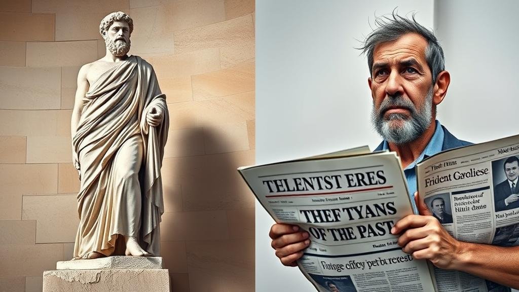 A dramatic, split-panel image contrasting ancient glory with modern caricature. One side shows an idealized, powerful marble statue of a Greek statesman in a toga. The other side depicts a modern Greek citizen in contemporary clothes, looking weary but defiant amidst newspaper headlines about economic crisis, illustrating the unfair 'tyranny of the past'.
