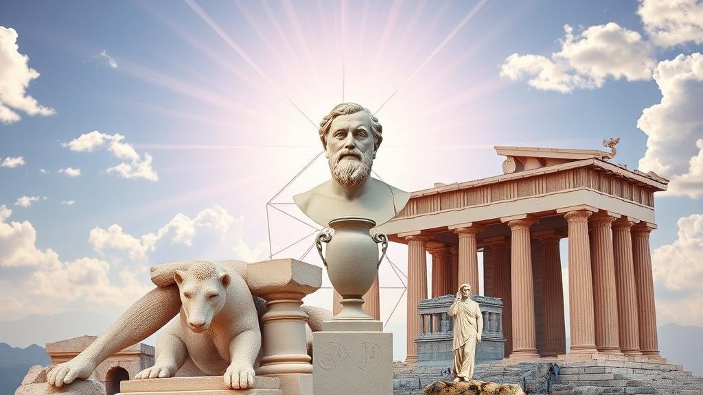 A radiant montage symbolizing the enduring legacy of Ancient Greece, featuring iconic elements of democracy like a voting urn, a bust of a philosopher like Socrates, classic architectural columns of the Parthenon, and scientific diagrams based on Pythagoras's work, all seamlessly blended to represent the foundations of Western civilization.