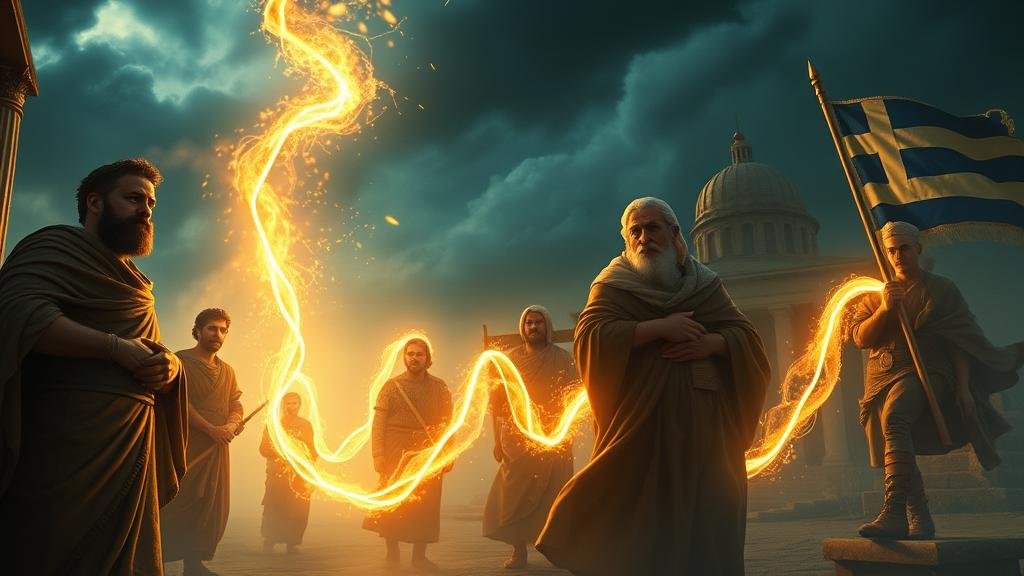 An epic visual telling the story of Greece’s historical resilience. It shows a sequence of Greek figures through the ages—from a stoic citizen under Roman rule, to a Byzantine scholar, to a revolutionary from the 1821 War of Independence—all connected by a glowing thread of 'philotimo' (honor and duty), showcasing their unbroken spirit against a backdrop of historical challenges.