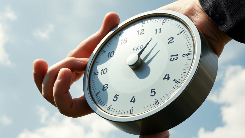 A metaphorical image of a giant hand labeled 'The Fed' adjusting a large dial that controls the economic weather, turning it from 'Sunny' towards 'Stormy'.