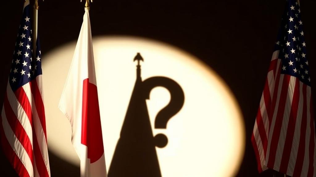 The flags of Japan and the United States standing side-by-side, with a spotlight on the American flag casting a shadow that forms a question mark, symbolizing Japan's call for strategic clarity from the U.S.
