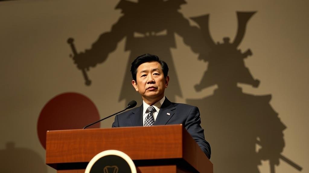 A Japanese politician at a podium, with the shadow of a samurai warrior looming behind them, symbolizing a shift in Japan's defense policy.