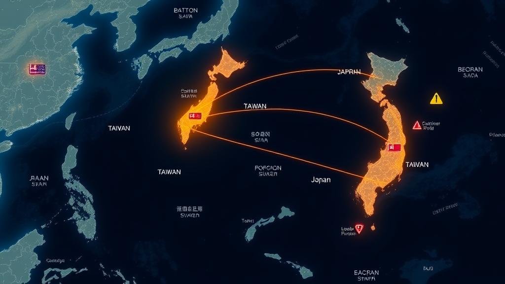 A map of the Indo-Pacific region, highlighting the close proximity of Japan and Taiwan, with glowing shipping lanes and economic symbols, illustrating Japan's strategic and economic interests in the Taiwan Strait.
