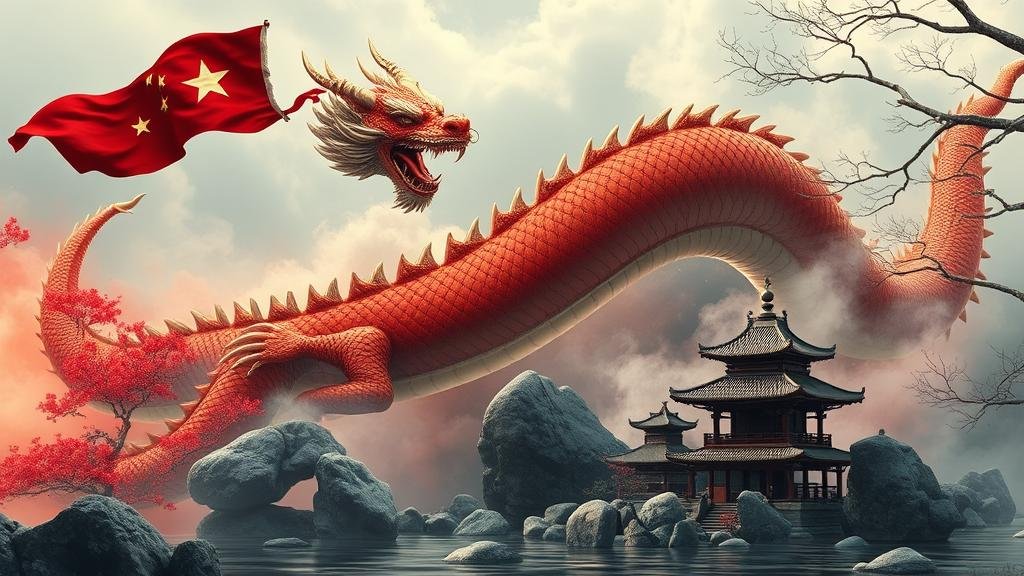 A powerful Chinese dragon roaring at a serene Japanese rock garden, representing China's diplomatic and economic pressure on Japan.