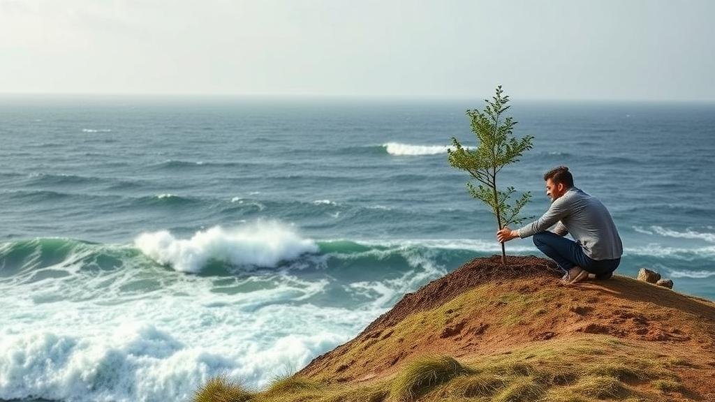 A serene image of a person planting a small tree on a hill, overlooking a volatile, stormy sea below. This represents patience and focusing on long-term growth despite short-term market chaos.