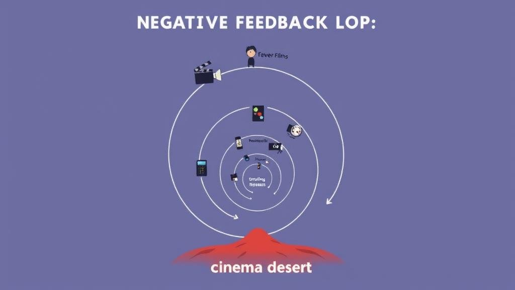 An infographic-style illustration of a downward spiral depicting Hollywood's 'negative feedback loop' leading to a cinema desert.