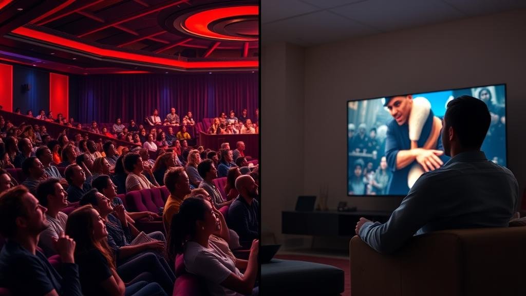 A split-screen comparing a vibrant cinema audience with a single person watching a movie at home, showing the contrast between theatrical and streaming experiences.