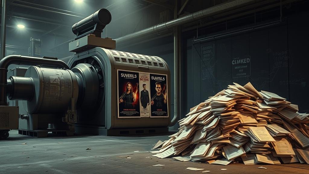 A large 'copy-paste' machine churning out identical franchise movie posters while a pile of original screenplays sits forgotten, symbolizing Hollywood's creativity crisis.