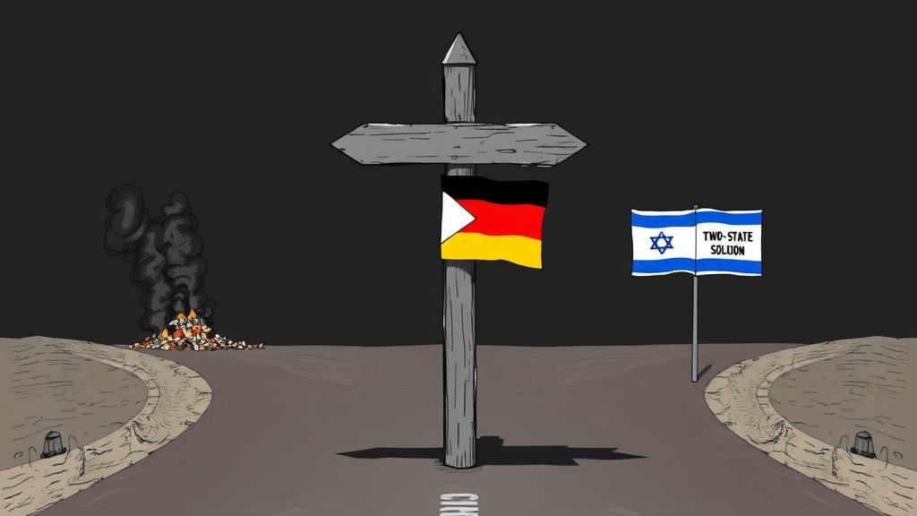 An allegorical illustration of a major crossroads with signs for 'Rafah Offensive' and 'Two-State Solution'.