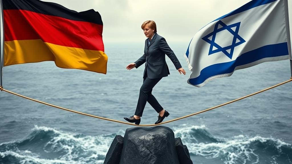 A photorealistic image of a political leader, representing the German Chancellor, carefully walking a tightrope stretched between the German flag and the Israeli flag.