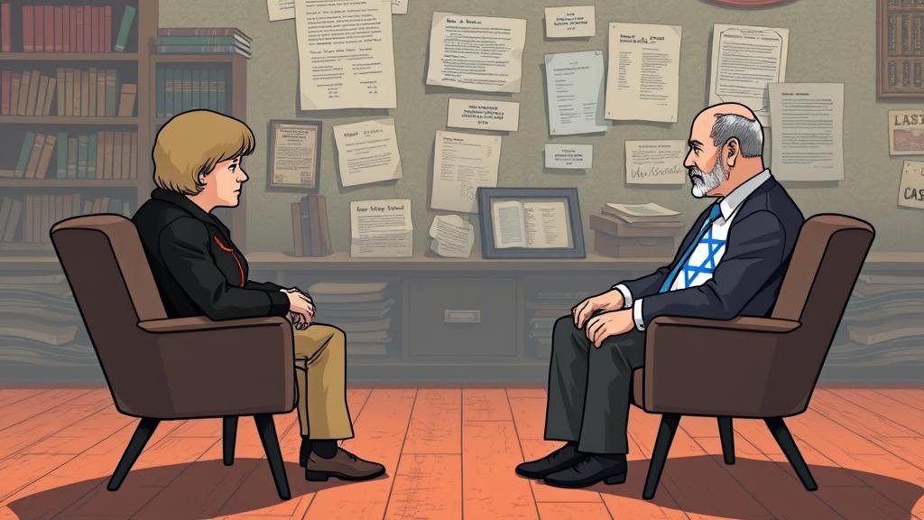An illustration depicting two figures representing Germany and Israel in a counseling session, symbolizing their alliance undergoing debate.