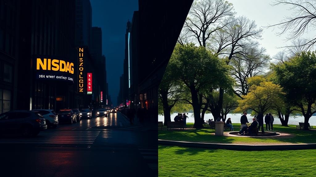 A split-screen image displaying the market's duality: one side shows a dark, rainy street with a NASDAQ sign, the other a sunny park.