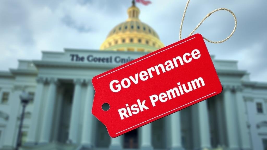A conceptual image of a stock certificate representing a U.S. asset. A large, red discount tag is attached to it, reading 'Governance Risk Premium.' The background is slightly out of focus, showing a government building with a 'Check Engine' light glowing on its facade, illustrating the idea that perceived instability leads to lower asset values.