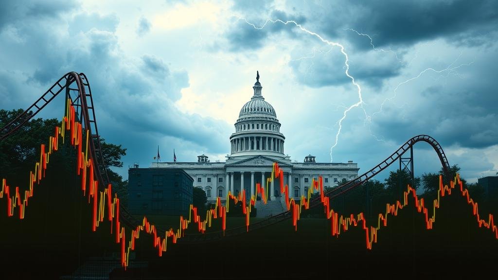 A dramatic image of a stock market chart that is extremely volatile and unpredictable, resembling a chaotic rollercoaster. In the background, a government building is shrouded in storm clouds and lightning, symbolizing the market chaos caused by unpredictable governance and regulatory risk.