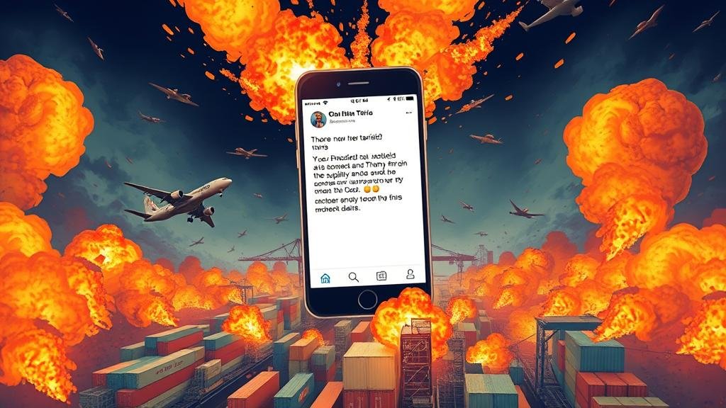 A chaotic scene with a giant smartphone in the center. On the screen is a social media app with a notification about new tariffs. From the phone, fiery bombshells are being launched onto a network of cargo ships, airplanes, and factories below, causing explosions and disrupting the supply chain. This represents the chaos of 'Policy by Tweet.'