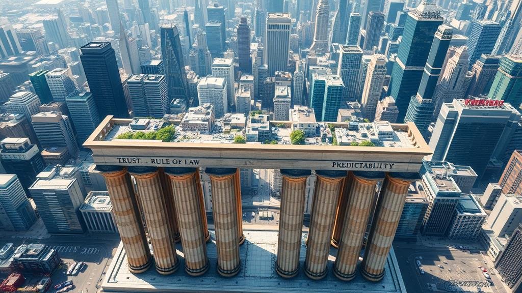 A high-angle shot of a massive, intricate city made of glass skyscrapers, representing the fragile global market. At the base, holding the entire city up, are three colossal, ancient stone pillars labeled 'Trust,' 'Rule of Law,' and 'Predictability.' This illustrates the foundational elements supporting the economy.