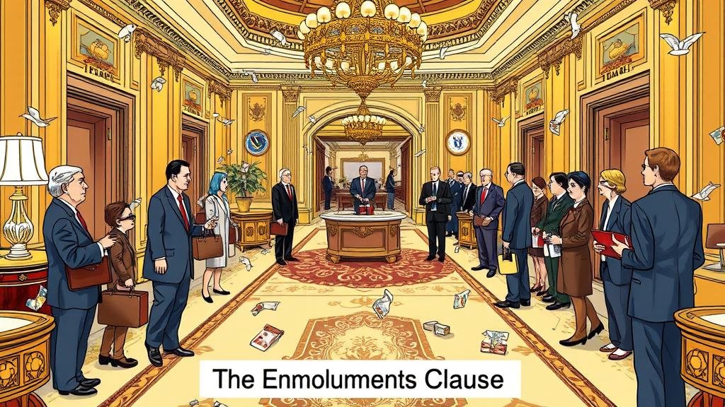 A 'Where's Waldo?'-style illustration of a lavish, gold-plated hotel lobby. Foreign dignitaries and lobbyists are subtly passing briefcases and gifts to hotel staff. Hidden in plain sight throughout the scene are symbols of government and national power, hinting at the blurry lines between business and state affairs. The scene is captioned 'The Emoluments Clause.'