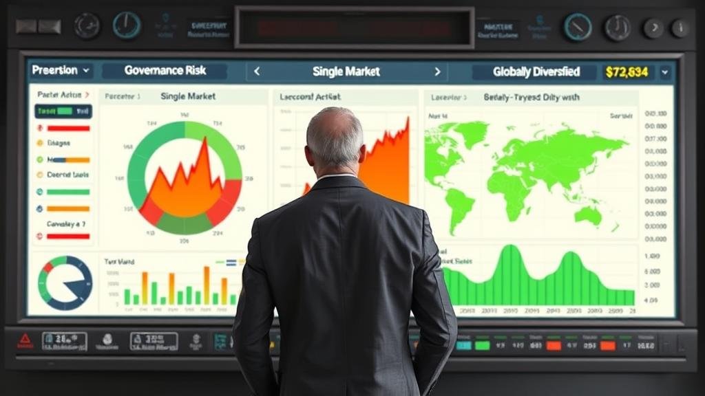 An investor stands in front of a large, complex financial dashboard. They are adding a new dial to the board labeled 'Governance Risk.' On the main screen, they are shifting their portfolio away from a volatile, spiky red graph labeled 'Single Market' and into a basket of smoother, more stable green graphs labeled 'Globally Diversified.' This represents a prudent investment strategy in the face of political uncertainty.