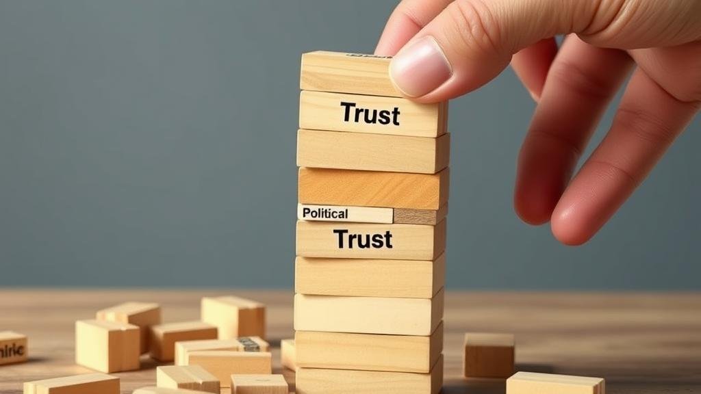 A photorealistic Jenga tower representing the fragile economy, with a block labeled 'Trust' being removed by a hand labeled 'Political Instability'.