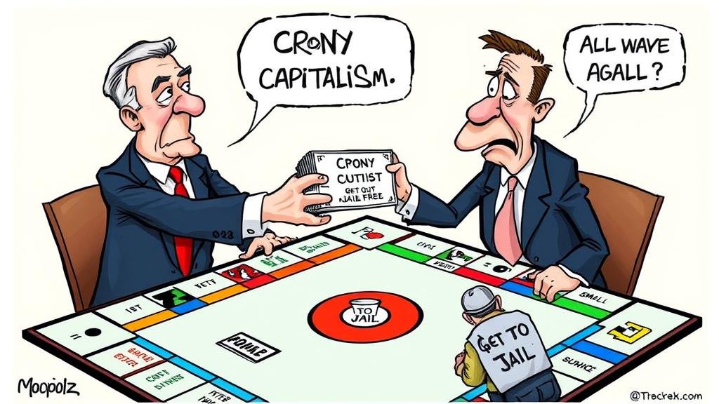 A satirical cartoon of a Monopoly board where 'Crony Capitalism' gets cash from a politician while 'Small Business' goes to jail.