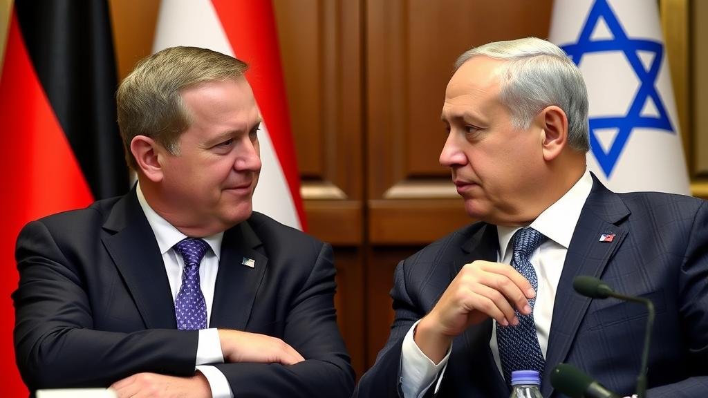A high-stakes diplomatic meeting between German Chancellor Olaf Scholz and Israeli Prime Minister Netanyahu, set against a backdrop of their respective flags, conveying a sense of tension and urgency.