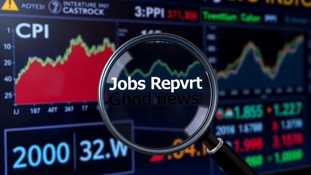 A digital dashboard interface displaying fluctuating graphs and numbers for 'CPI,' 'PPI,' and 'Jobs Report.' A magnifying glass is positioned over the 'Jobs Report' section, highlighting the 'good news is bad news' paradox.