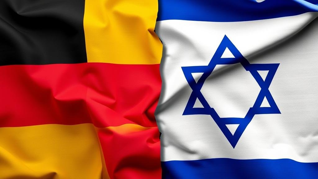 A split image showing the German and Israeli flags, initially united, now showing a visible rift and tension between them due to the humanitarian crisis in Gaza.